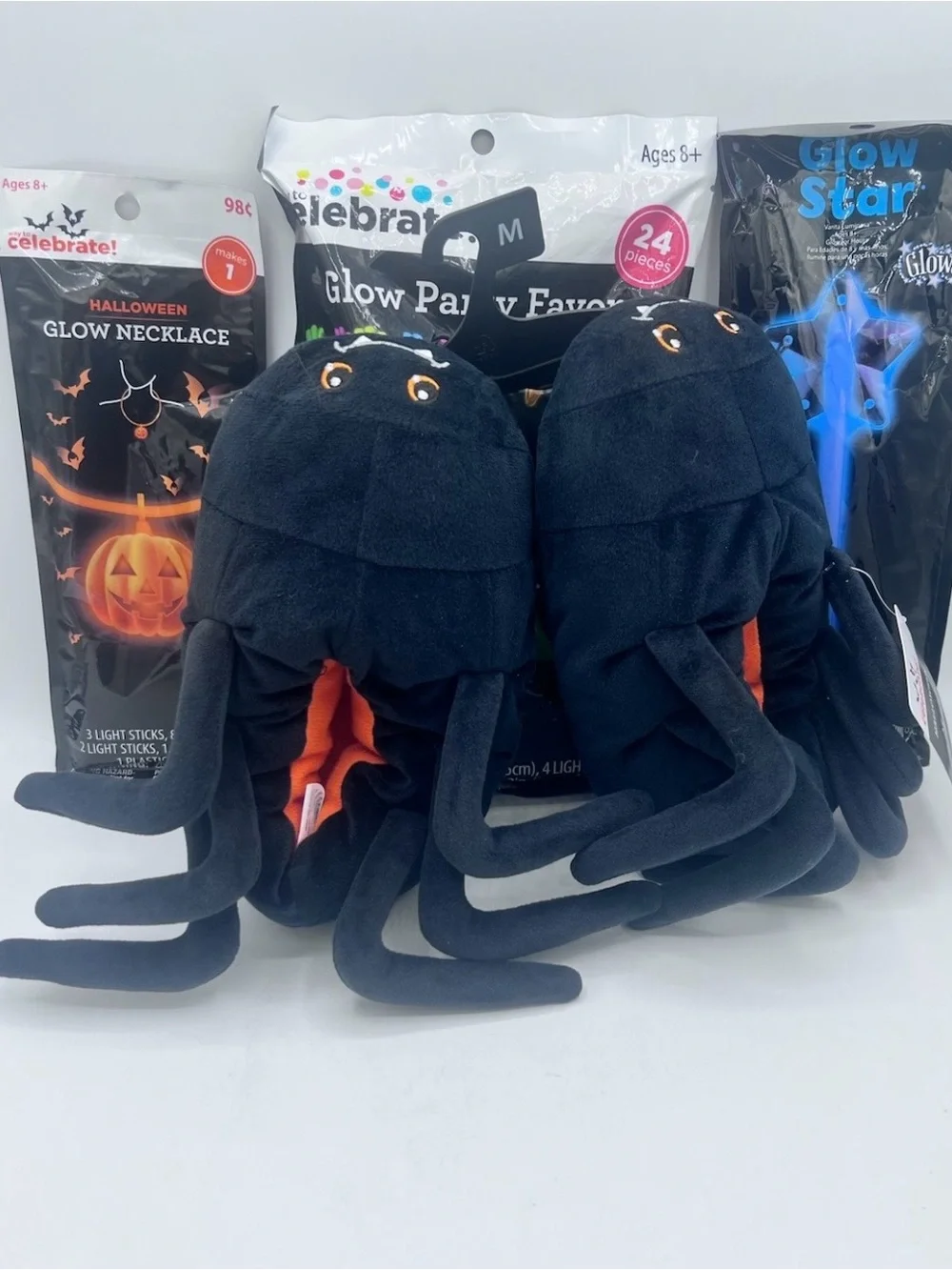 Celebrate Halloween Kids Black Spider Critter Slippers M (11-12) & Glow Toy Lot